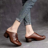 Zingj Leather Head Semi-Slippers Female 2023 Summer Retro Medium-High Heels Hollowed-Out Thick Heels Cool Middle-Aged
