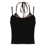 Girls Leopard Print Splicing Fake Two Sling Tops Women's Waistbands In Summer Show Thin Straps And Sexy Neck