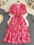 Green/Yellow/Red Printed Midi Dress Vintage V-Neck Short Sleeve High Waist A-Line Casual Vestidos Elegant Female