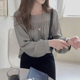Puff Sleeve Pullover Top Autumn New Long Sleeve Loose Shirt Women Square Collar Cotton Blouse Women