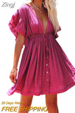 Women Beach Cover Up Dress Sexy Deep V-Neck Ruffle Short Sleeve Drawstring Dress Loose Bikini Cover Ups