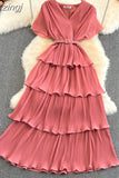 Beach Long Dress Women Elegant V-Neck Short Sleeve Cascading Ruffles Big Swing Vestidos Female Red/Green/Pink Maxi