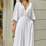 Winter Elegant Dress Women's Fashion Pure Color In Short-Sleeved Casual V-Neck