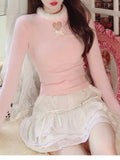 Aesthetic Heart Hollow Out T-shirts Casual O Neck Bow Patchwork Slim Tee Shirts Femme Puff Sleeve Kawaii Sweet Harajuku