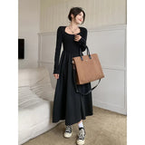 Zingj Desire Wind Temperament Long Sleeve Dress Female Autumn Dress 2024 New Splicing Fold Closed Waist Show Thin Long Skirt-Outfit