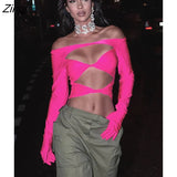 Sexy Hollow Out Gloves Women T-shirt Pink Long Sleeve Round Neck Short T-shirt Female Autumn Slim Fashion Party Top