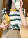 Zingj Silk Short-Sleeved Sweater Women's Thin Striped T-Shirt Large Size Korean Version Bottom Summer Half-Sleeved Chic