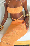 Women Knitted 2 Pieces Summer Clothing Set Sexy Tie-up Halter Crop Tops and Cross Wrapped Long Skirts Beach