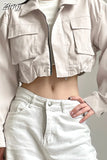 y2k Streetwear Pockets Cargo Style Bomber Jacket Female Chic Cropped Coat Autumn Winter Zipper Racing Jackets