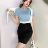 Zingj New Summer Style Round Neck, Short Sleeves, Color Splicing, Slim Knit Dress, All-Bag Hip