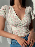 French retro floral V-neck short-sleeved T-shirt Slim slimming wild high waist T-shirt women's