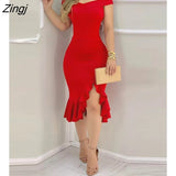 Women Fashion Elegant Sexy Plain Off Shoulder Ruffle Hem Slit Dress Solid Red Black Midi Dress Ruffles Sleeveless