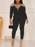 Autumn And Winter Women's Wear New Shoulder Spliced Long-Sleeved Printed Trousers Two