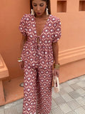 Women's Retro Printed Pants Suit Summer V-neck Lace Up Short Sleeve Shirts Elastic Waist Pant Set Female Fashion High