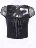 Tops Goth T-shirt Women Bodycon Bandage Lace Black T-shirts Gothic Streetwear Sexy Female Top Casual Mesh