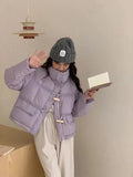 Sweet Wood Button Short Down Jacket Female 2024 Winter New Stand Collar Small Warm White Duck Down Bread Coat-Outfit
