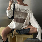 Breeze Loose Retro Print Shoulder-Exposed Long-Sleeved T-Shirt Summer Slant Collar Small Sexy Casual