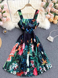 Spring New Sling Dress Seaside Vacation Tropical Printing, Shoulder Slimming And Skinny Skirt