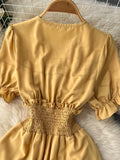 Vintage Green/Yellow/Blue/Beige Short Sleeve Long Dress Women Elegant V-Neck High Waist A-Line Maxi Vestidos New