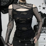 Autumn New Personality Women's Wear Dark Wind Hot Girl Sexy Slim Grid Hole Long-Sleeved Top