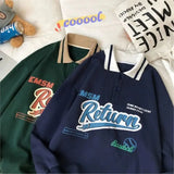 New Button Polo Collar Oversized Long Sleeve Women Hoodie Casual Harajuku Vintage Letter Print Sweatshirt Chic