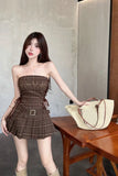 and hot Girls' American Vintage Suit Women's Summer Plaid strapless Top High Waist mini Skirt Two-piece Set female