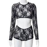 Fashion Patchwork Lace Women Streetwear Suit Long Sleeve Crop Top Biker Short Set Sexy Mesh See Through 2 Piece Set