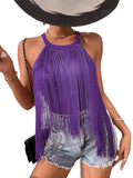 Women's Hot-Selling Solid Color Sleeveless Neck Top Ladies' Fashionable Tassel Beach