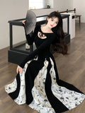 Knitted Patchwork Floral Dress Irregular Design Sense Hepburn Wind Sweet Fashion Slim Summer New Black Long