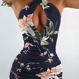 Summer Casual Sleeveless Halter Cut-Out Ruched Floral Print Bodycon Mini Dress Fashion Women Tight Sexy Robe Party