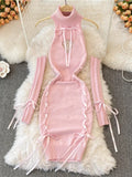 Women Sexy Sweater Dress Open Chest Backless Ribbon Strap Tops Turtleneck Long Sleeve Lacing Up Bodycon Knit Bandage