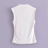 Spring Pleated Sleeveless Blouse With Round Collar