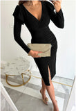 Zingj 2023 Deep V-Neck Personality Temperament Closed Waist Open Fork Solid Color Long-Sleeved