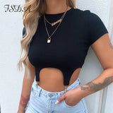 2021 Knit Casual White Crop Top Short Sleeve Basic Summer T Shirt Black Sexy Ribber Design Women Top