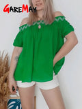 Women's Summer Blouse with Open Shoulders Sexy Tops Short Sleeve Tunics Green Shirt Off Shoulder Beautiful Blouses for Women