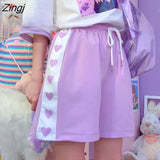 Women Purple Kawaii Heart Sweet Girls Patchwork High Waist Ins Students Fashion Drawstring Korean Style Loose Summer
