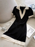 Summer Polo Collar Short Sleeve Knitted Dress Women Korean Fashion Casual Straight Loose Knitting Short