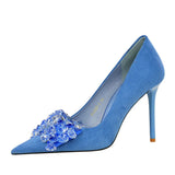 Zingj Korean Version Banquet High-Heeled Shoes Women Thin Heel Suede Shallow Mouth Pointed Gem Water Diamond Bow Single
