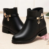 Zingj Leather Mother Cotton Shoes Autumn And Winter Add Velvet Women's Short Boots Middle-Aged Warm Low Heel Thick Heel Rhinestone Snow