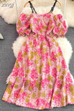 Vintage Slash Neck Off Shoulder Printed Dress Elegant Puff Short Sleeve High Waist A-Line Spaghetti Strap Vestidos
