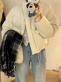 Korean Version Vertical Collar Down Jacket Women's Short Style 2024 Winter New Thickened Warm White Duck Velvet Large Pocket Bread Coat-Outfit