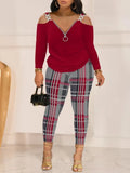 Autumn And Winter Women's Wear New Shoulder Spliced Long-Sleeved Printed Trousers Two