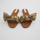 ZARZ Women Flat Sandals Summer 2022 New Fashion Golden Round Toe Bow Sexy Outer Wear Sandals And Slippers Women Beach Luxury
