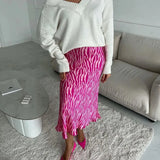 Pink Printed Satin Midi Straight Skirt- Outfit