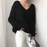 Zingj Sense Hem Irregular Sweater Women's Black V Pilotage Style Vintage Loose Black Top Pullover