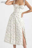 Women Floral Print Long Dress Summer Chic Short Sleeve Spaghetti Strap Split A Line Party Sundress Ladies Holiday Beach