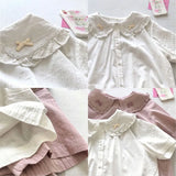 Japanese Harajuku Fashion Bow Tie White Doll Neck Short Sleeved Shirt Blouses Summer 2024 Woman Elegant Chic Kawaii