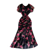 Zingj Dress New Light Luxury Famous Lady Chiffon Print Dress Temperament Flounce Fishtail Dress