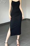 Korean Fashion Backless Black Basic Long Dress Female Spaghetti Strap Sundress Slim Split Sexy Summer Dresses