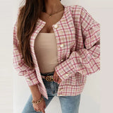 Spring Women Buttons Cardigan coat Elegant casual Short Jacket Casual o neck Long Sleeve coat office Lady plaid print